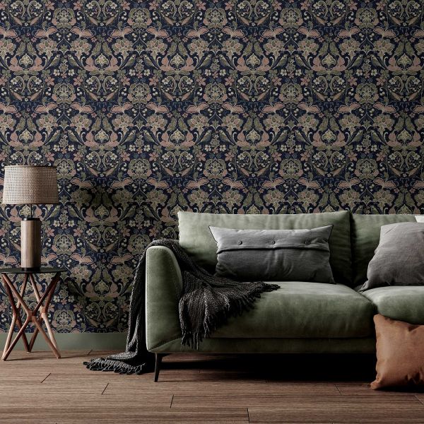 Folk Floral Wallpaper Navy - Pink &amp; Olive - Add a Touch of Elegance to Your Space